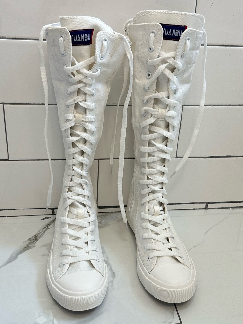 White Canvas Knee High Lace Up Sneaker Boots